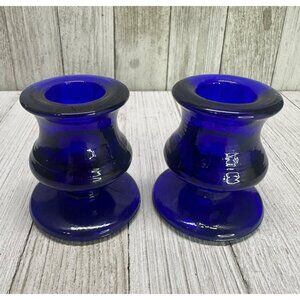 Vintage Cobalt Blue Candlestick Taper Holders Footed Glass 2.5" - Set of 2